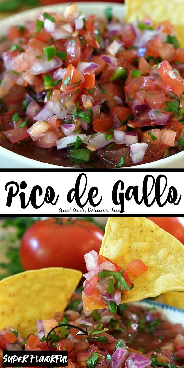 Pico de Gallo is a delicious chunky salsa recipe made with a few simple ingredients that can be served with chips or added to your favorite Mexican recipe. Pico de Gallo - Two photos with Pico de Gallo in a white bowl and the second picture shows the chunky salsa on a chip with tomatoes in the background.