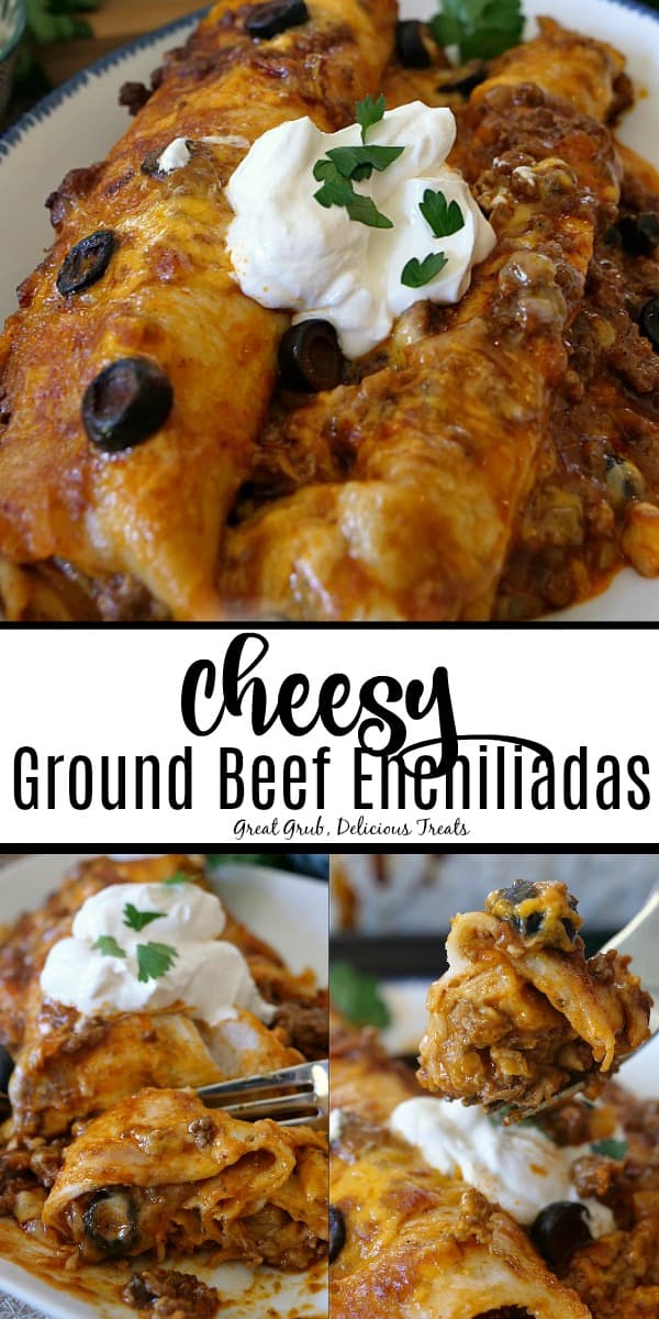 Cheesy Ground Beef Enchiladas are a delicious, cheesy ground beef enchiladas recipe that is simple to make, tastes amazing and a family favorite enchilada recipe. #enchiladarecipe #beefenchiladas #mexicanfood #deliciousfood #greatgrubdelicioustreats