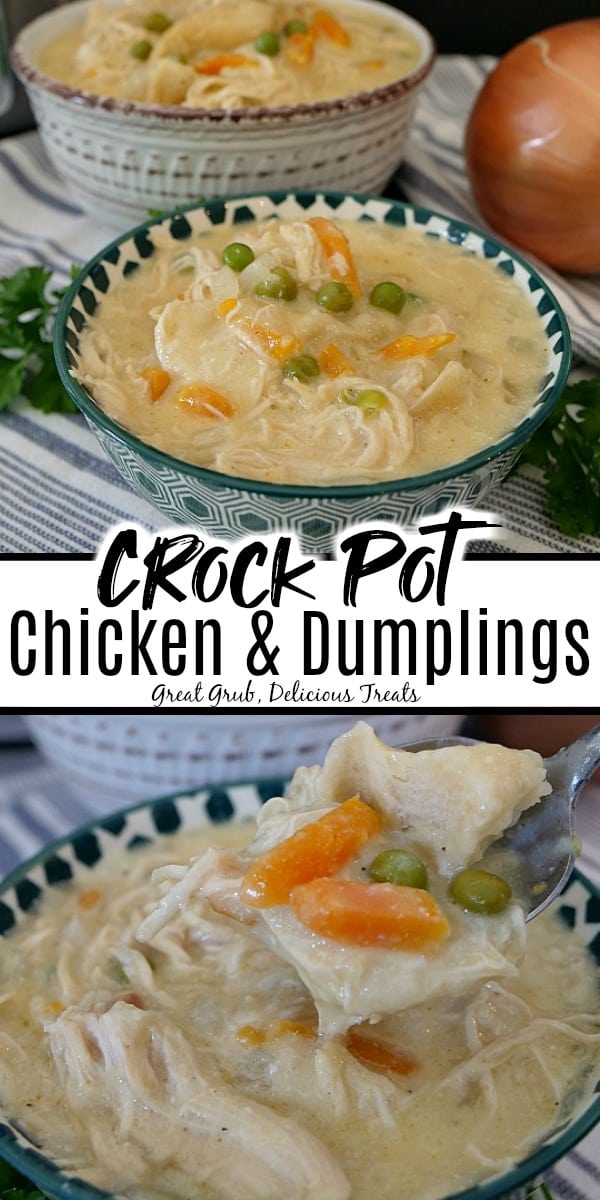 Crock Pot Chicken and Dumplings is a delicious comfort food recipe loaded with chicken, veggies, and topped with fluffy dumplings.