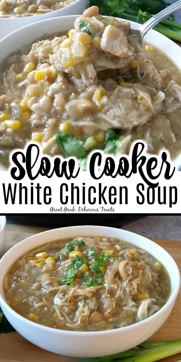 Slow Cooker White Chicken Soup is loaded with chicken, beans, corn and more, slow cooked and makes an easy dinner idea. Slow Cooker White Chicken Soup in a white bowl topped with cilantro