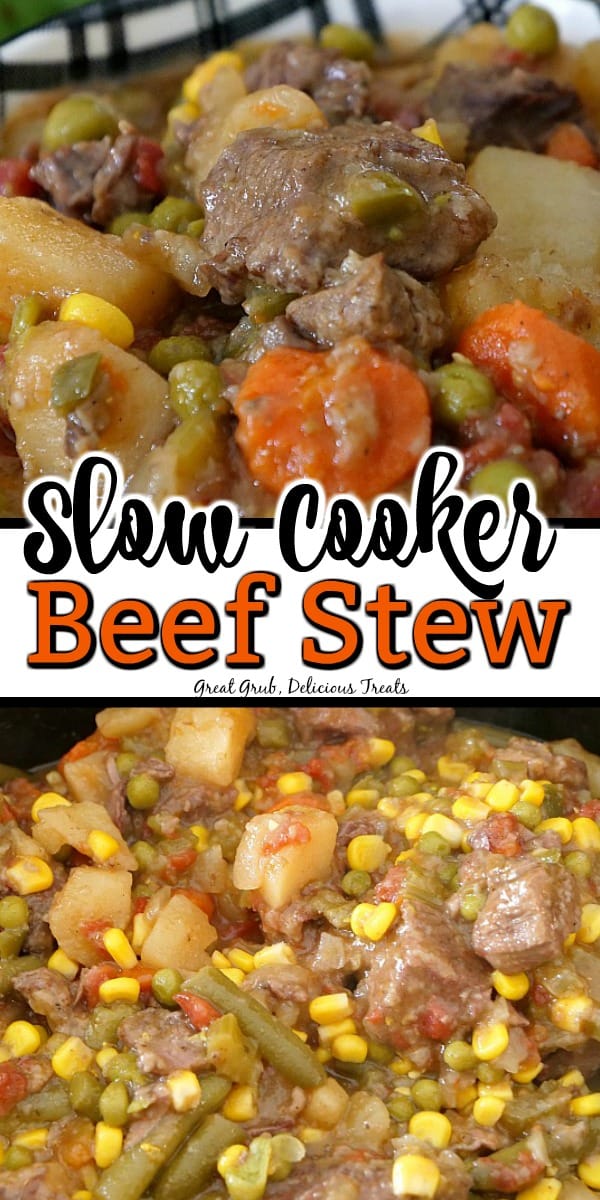 Slow Cooker Beef Stew is a hearty beef stew recipe loaded with beef and vegetables then slow cooked until tender and delicious. A double photo collage of beef stew loaded with chunks of beef and a variety of vegetables.