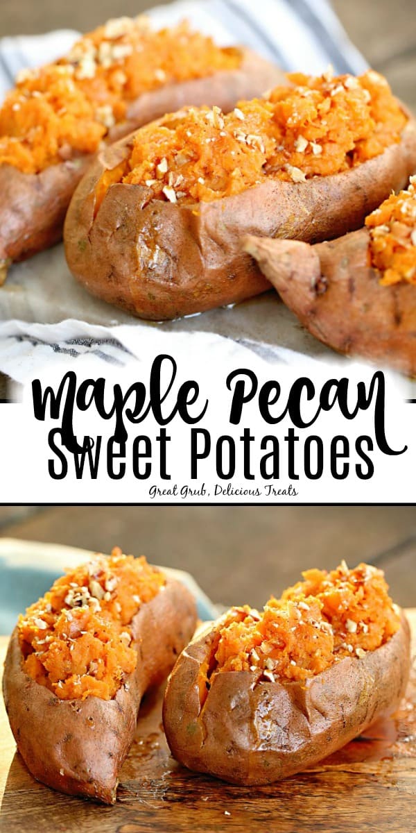Maple Pecan Sweet Potatoes are filled with twice baked sweet potatoes, brown sugar, cinnamon, nutmeg, maple syrup and chopped pecans.