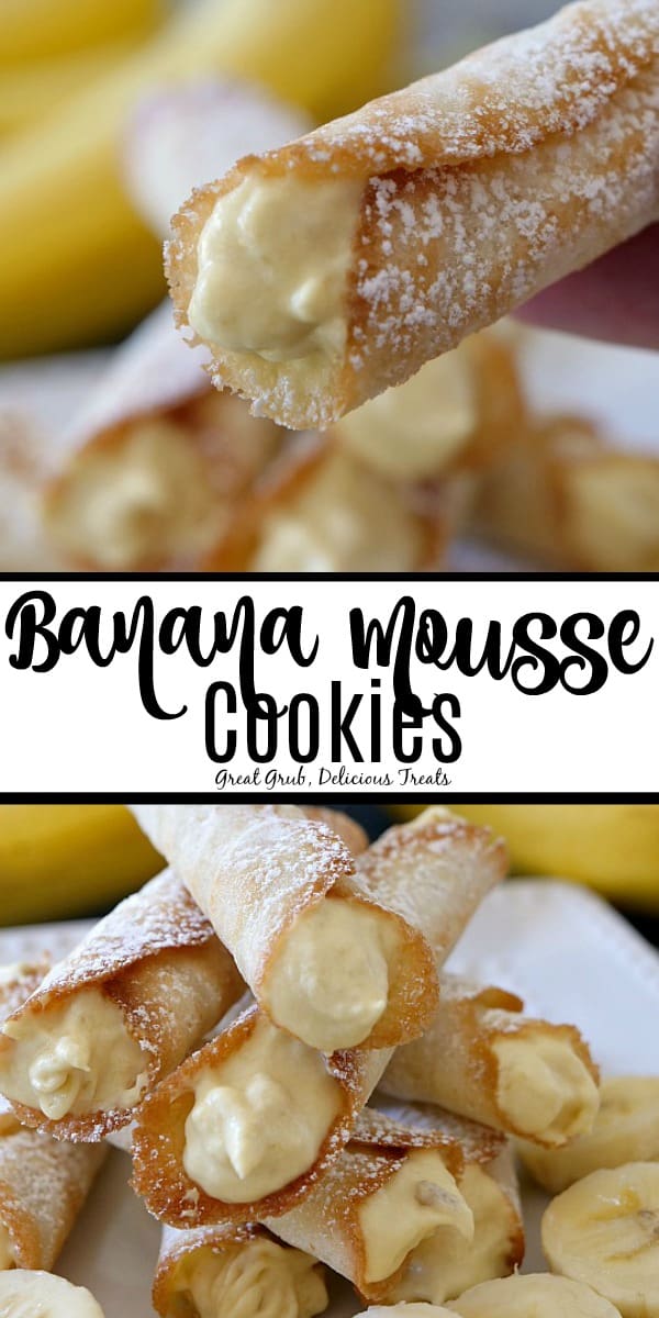 Banana Mousse Cookies are super delicious, easy to make and filled with a banana mousse filling. #bananacookies #cookierecipes #homemadecookies #dessertfoodrecipes #greatgrubdelicioustreats Banana Mousse Cookies are super delicious, easy to make and filled with a banana mousse filling.