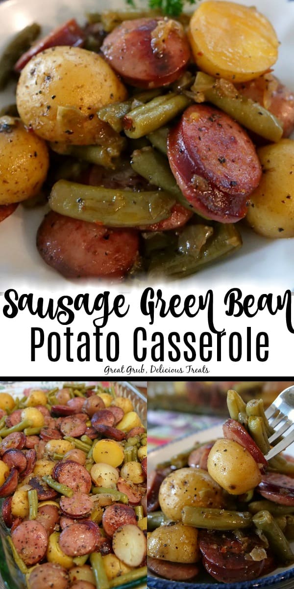 Sausage Green Bean Potato Casserole is loaded with sausage kielbasa, green beans, potatoes and seasoned perfectly. A double collage photo of a serving of sausage green bean potato casserole.