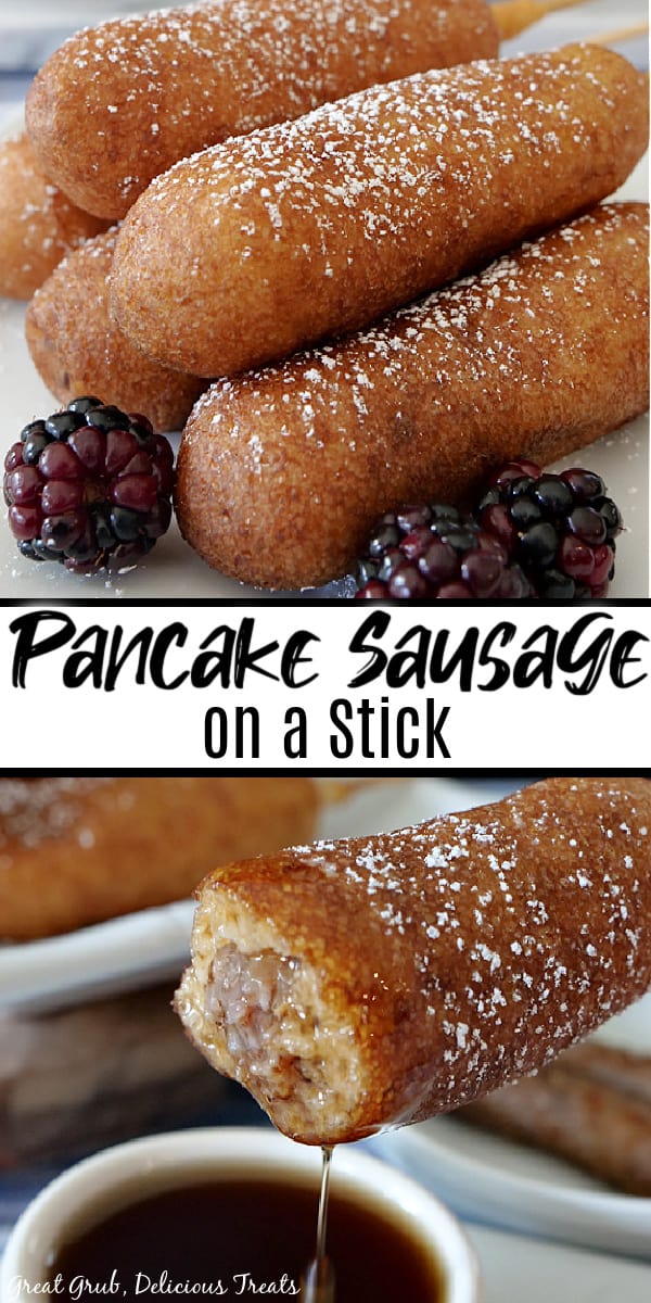 Pancake Sausage on a Stick is great to make for a quick on the go breakfast that is delicious and convenient. A double photo of pancake sausage on a stick with the top photo of pancake sausage on a stick stacked up on a white plate with blackberries in the foreground and the bottom picture is a pancake sausage on a stick with a bite taken out out and dipped in maple syrup.