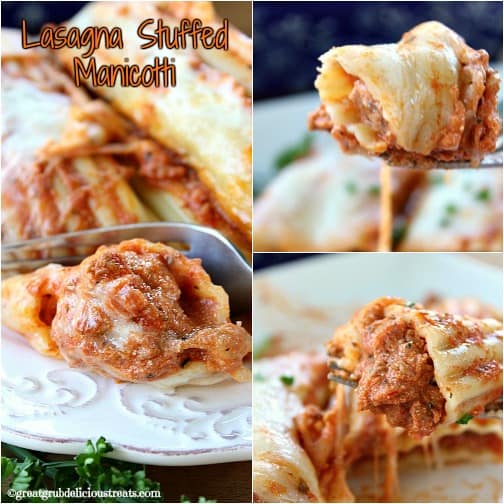 Lasagna Stuffed Manicotti A three collage photo of lasagna stuffed manicoiit.