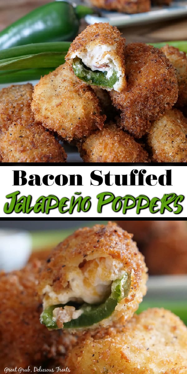 Stuffed Jalapeño Poppers are a delicious appetizer recipe stuffed full of cream cheese, bacon, cheese and green onions then fried to a crispy, crunchy treat. A double photo of stuffed jalapenos poppers stacked up on a white plate with green onions and a jalapeno in the background and another close up photo of a bite taken out of a stuffed pepper.