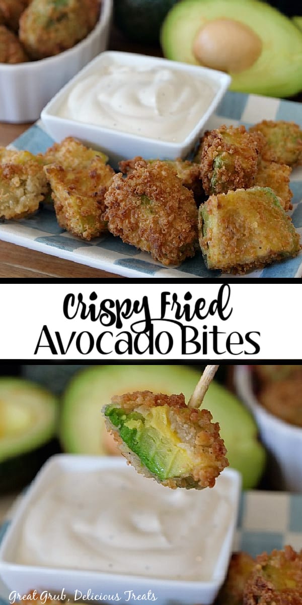 Crispy Fried Avocado Bites are deliciously fried bite-size pieces of avocado that make for the perfect appetizer. A double collage picture of crispy fried avocado bites on a white and blue checkered plate with a square bowl filled with ranch dressing in the top photo and the bottom photo is an avocado bite being dipped in ranch dressing.