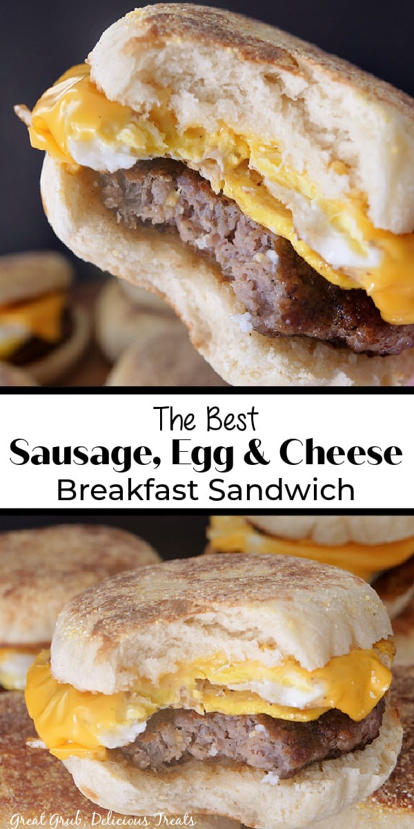 Homemade Breakfast Sandwiches are a delicious breakfast recipe, made with homemade English muffins, sausage patties, fried eggs, and a slice of cheese. A double photo collage of breakfast sandwiches where you can see the English muffin, sausage patty, egg, and melted sliced cheese.