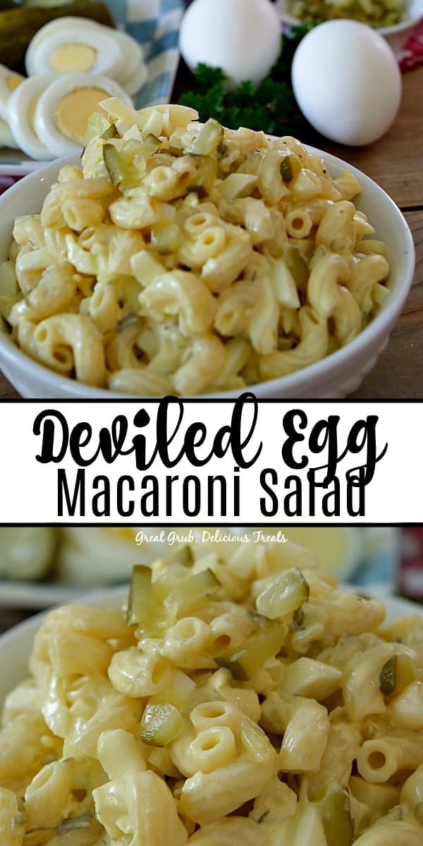Deviled Egg Macaroni Salad has all the ingredients in deviled eggs and is a delicious side dish recipe. #easymacaronisalad #pastarecipes #sidedishes #dinner #greatgrubdelicioustreats Deviled Egg Macaroni Salad has all the ingredients in deviled eggs and is a delicious side dish recipe.