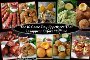 A picture of 10 different appetizers with the title overlay in the center.
