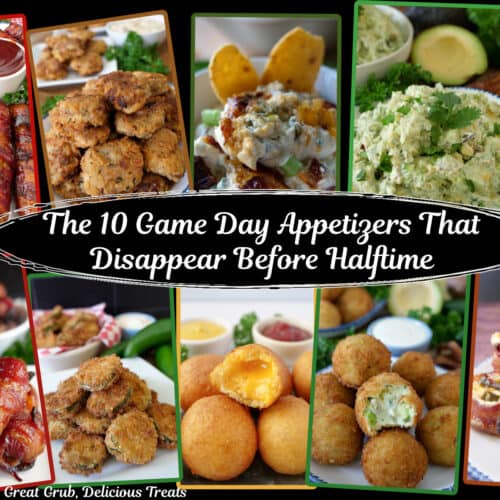 A picture of 10 different appetizers with the title overlay in the center.