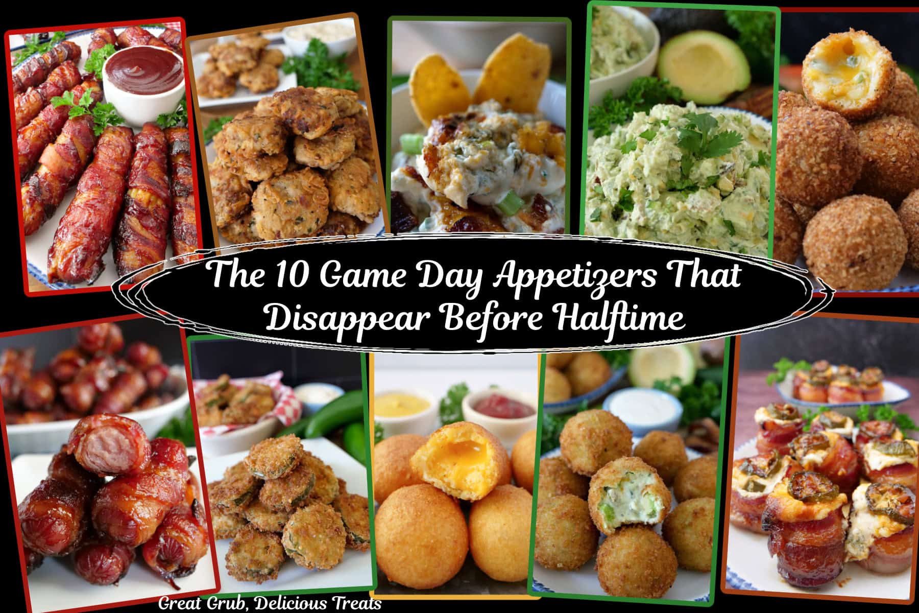 A picture of 10 different appetizers with the title overlay in the center.