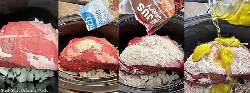 Four photos of the chuck pot in the crock pot with the photos of adding the ingredients.