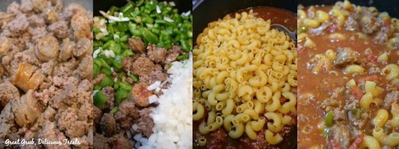 Cheesy Italian Sausage Pasta - In process shots Cheesy Italian Sausage Pasta - In process shots, picture of sausage cooking, sausage with onions and chopped bell peppers, pasta in sauce and all ingredients in one pot.