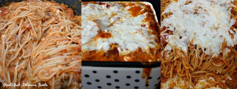 Italian Sausage Spaghetti Bake - In process shots Italian Sausage Spaghetti Bake - In process shots of the pasta bake in the pan, then in a white and black polka dot baking dish, and then a photo of some of the pasta after some has been removed from the baking dish.