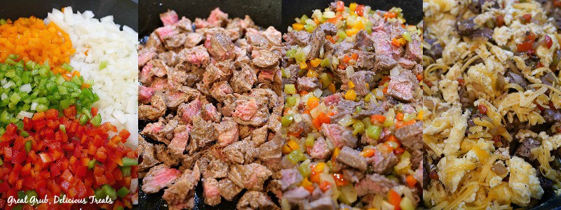 4 small photos in one of the Beef Fajita Breakfast Burrito mixture.