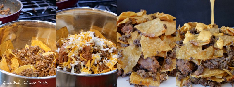 Mile High Nachos are a delicious recipe that is perfect for any game day or get together. An in-process photo of the tortilla chips in the mixing bowl being topped with refried beans, ground beef, and shredded cheese.