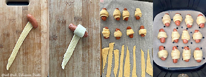 Pigs in a Blanket Air Fryer Recipe is a simple two ingredient recipe that can be cooked to a perfect golden brown in a matter of minutes. In process shots of rolling up pigs in a blanket.