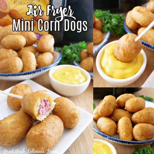 Mini Corn Dogs in Air Fryer are crispy, delicious, and cooked extremely quick for a crispy, crunchy appetizer. A triple photo collage of mini corn dogs on white plates with small bowls of dipping sauce in the background.