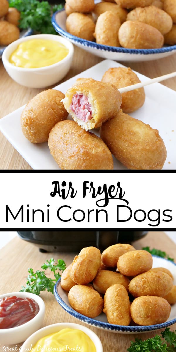 Mini Corn Dogs in Air Fryer are crispy and delicious corn dogs that can be quickly cooked in the air fryer. A double photo collage of mini corn dogs on a white plate with mustard dipping sauce in the background.