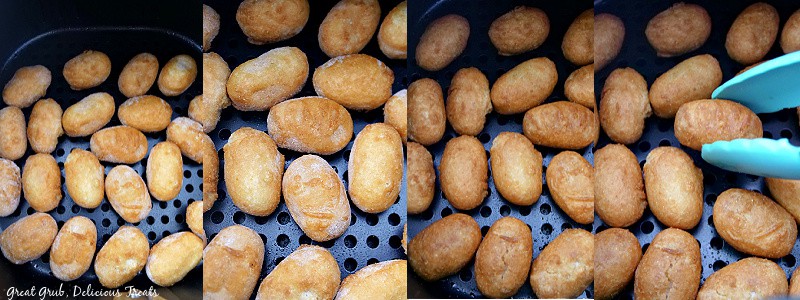 Mini Corn Dogs in Air Fryer are the perfect and easiest way to make corn dogs. A transition photo of frozen corn dogs in the air fryer basket, in the middle of cooking, and being removed out of the air fryer with tongs.