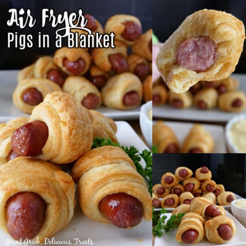 Pigs in a Blanket Air Fryer Recipe are a quick and easy appetizer recipe to whip up in a matter of minutes. A three photo collage of little smokies wrapped in golden brown crescent rolls, stacked up on a plate with dipping sauce next to it.
