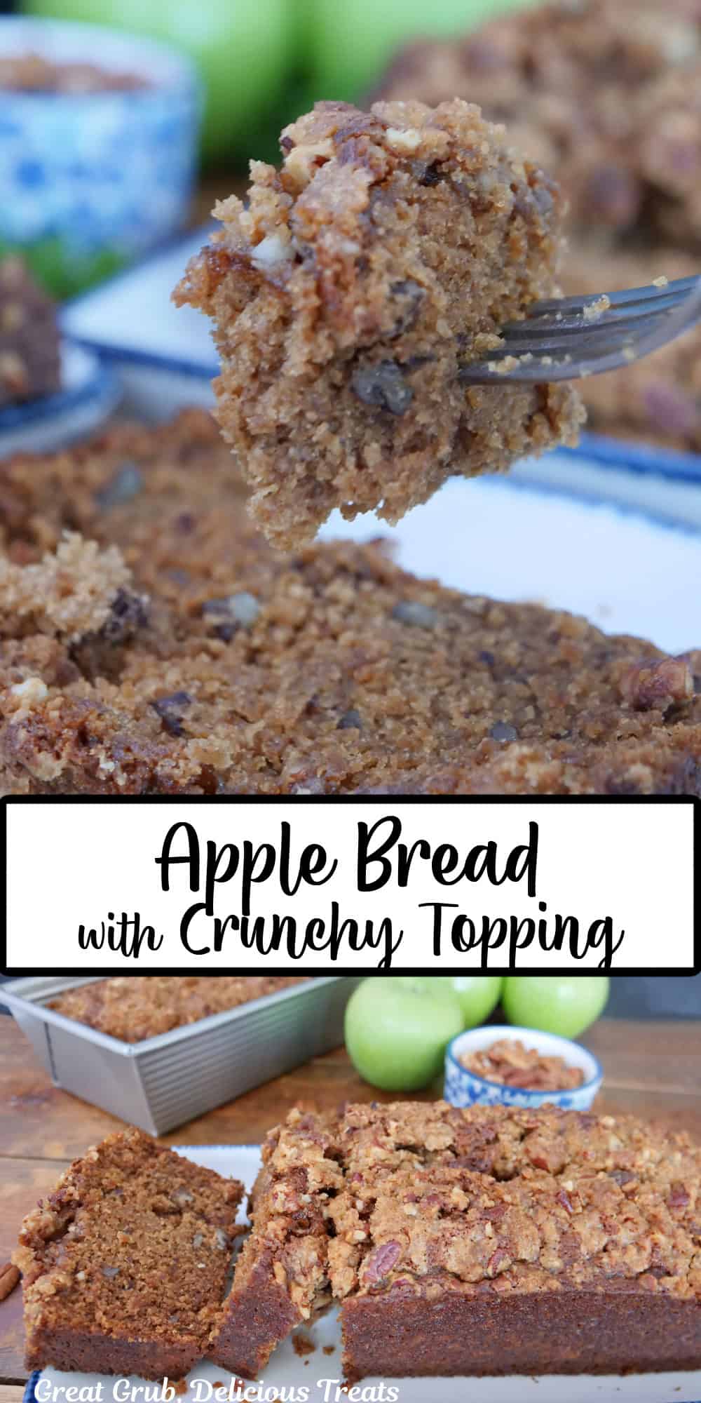 Two photos of apple bread with the title overlay in the center of the two photos.