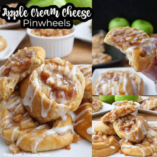 A three photo collage of apple cream cheese pinwheels.