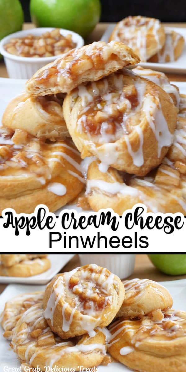 A double photo collage of apple cream cheese pinwheels with the title of the recipe in the center of the two photos.