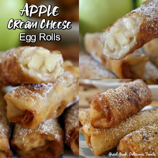 Apple Cream Cheese Egg Rolls are delicious, filled with apple and cream cheese and fried. A collage of 3 photos with egg rolls stacked on each other with a bite showing the apple cream cheese filling.