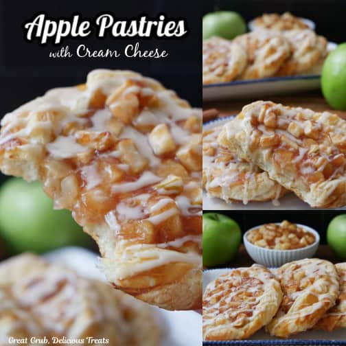A three photo collage of apple pastries and the title of the recipe at the top lefthand side.