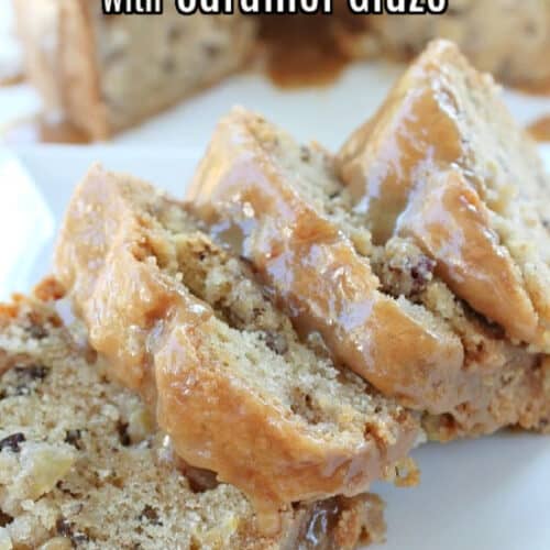A white surface with apple pecan cake in the background and slices of the cake placed in front.
