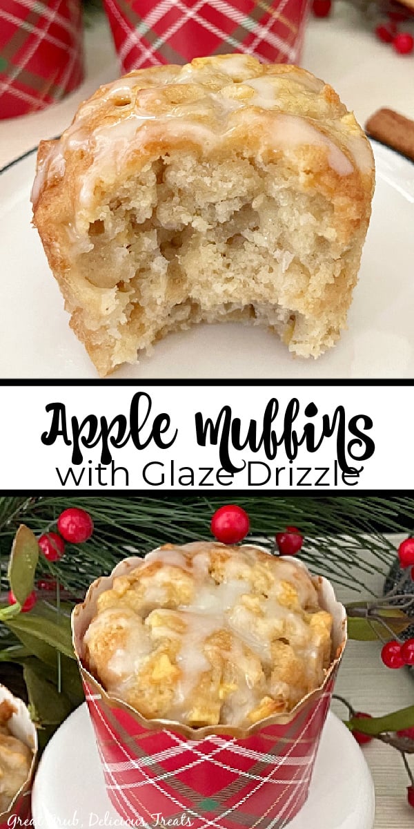 Apple Muffins with Glaze are soft muffins filled with tart diced apples and topped with a homemade vanilla glaze. A double photo collage of apple muffins with glaze sitting on white plates.