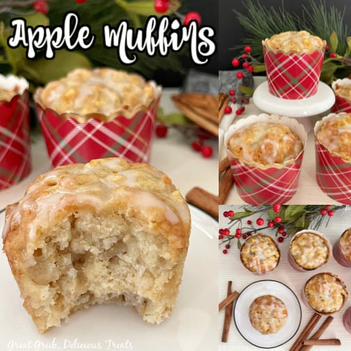 Apple Muffins with Glaze are simple, easy, and delicious muffins that the whole family will love. A three photo collage of apple muffins in red plaid muffin liners with cinnamon sticks surrounding them.