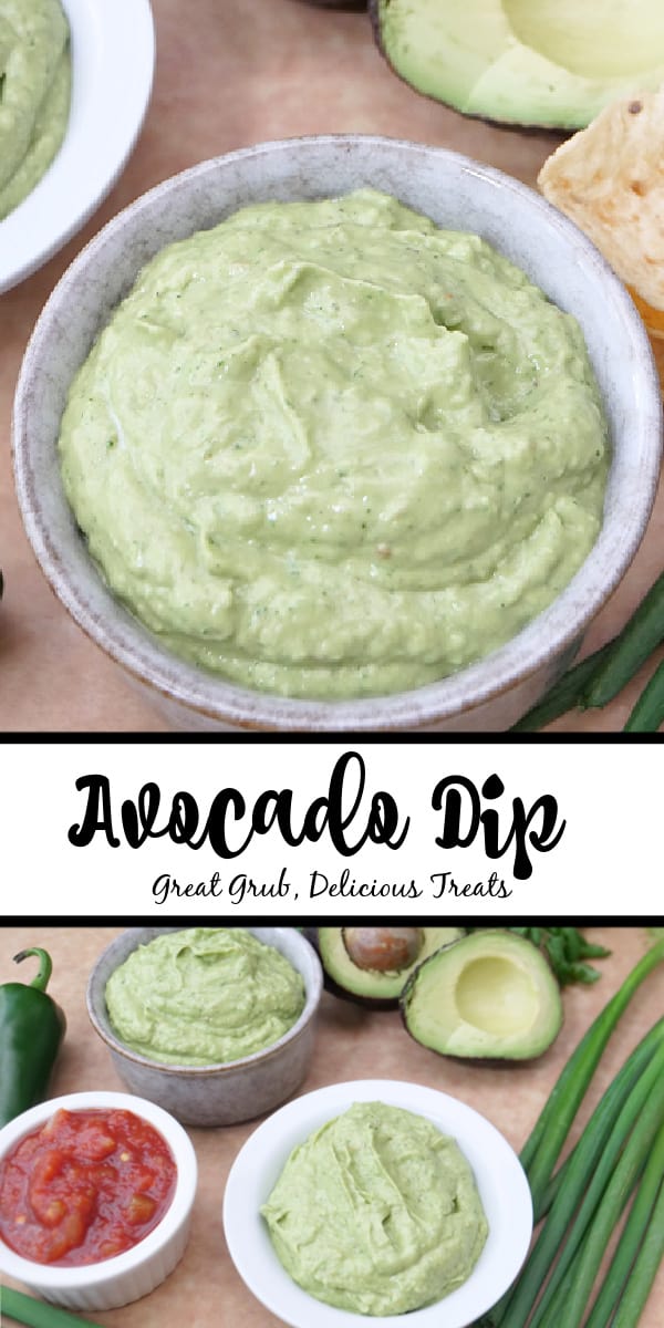 A double collage photo of avocado dip in a small light grey bowl.