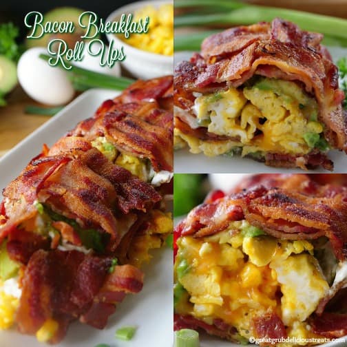 Bacon Breakfast Roll Ups A three photo collage of bacon breakfast roll ups.