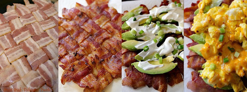 Four in process shots of the bacon wrap, the avocado slices, sour cream, scrambled eggs, cheese and green onions.