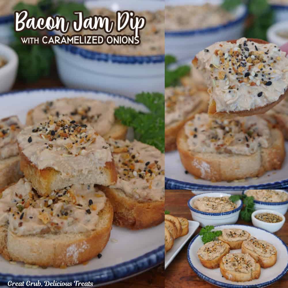 A three collage photo of bacon jam dip on slices of baguettes with the title overlay at the top.