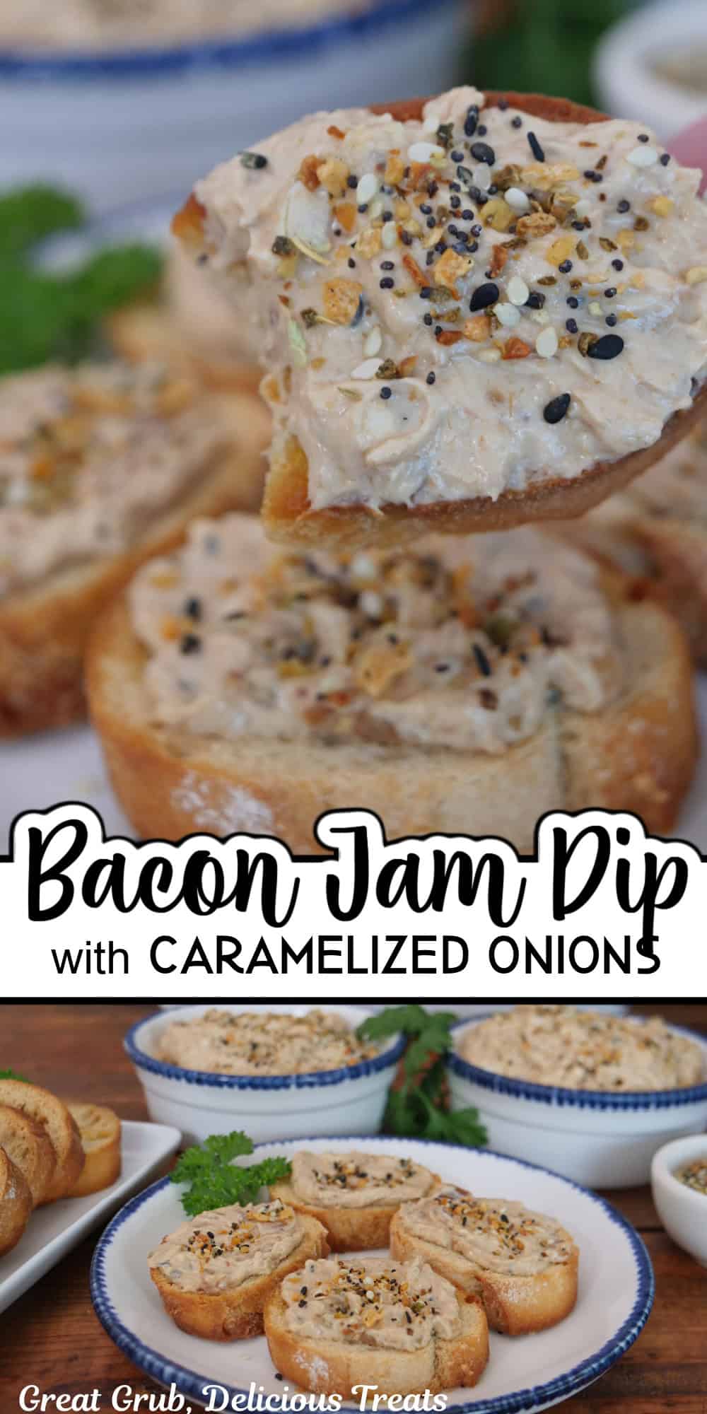 A double collage photo of bacon jam spread over toasted baguette slices, and the title overlay in the middle.