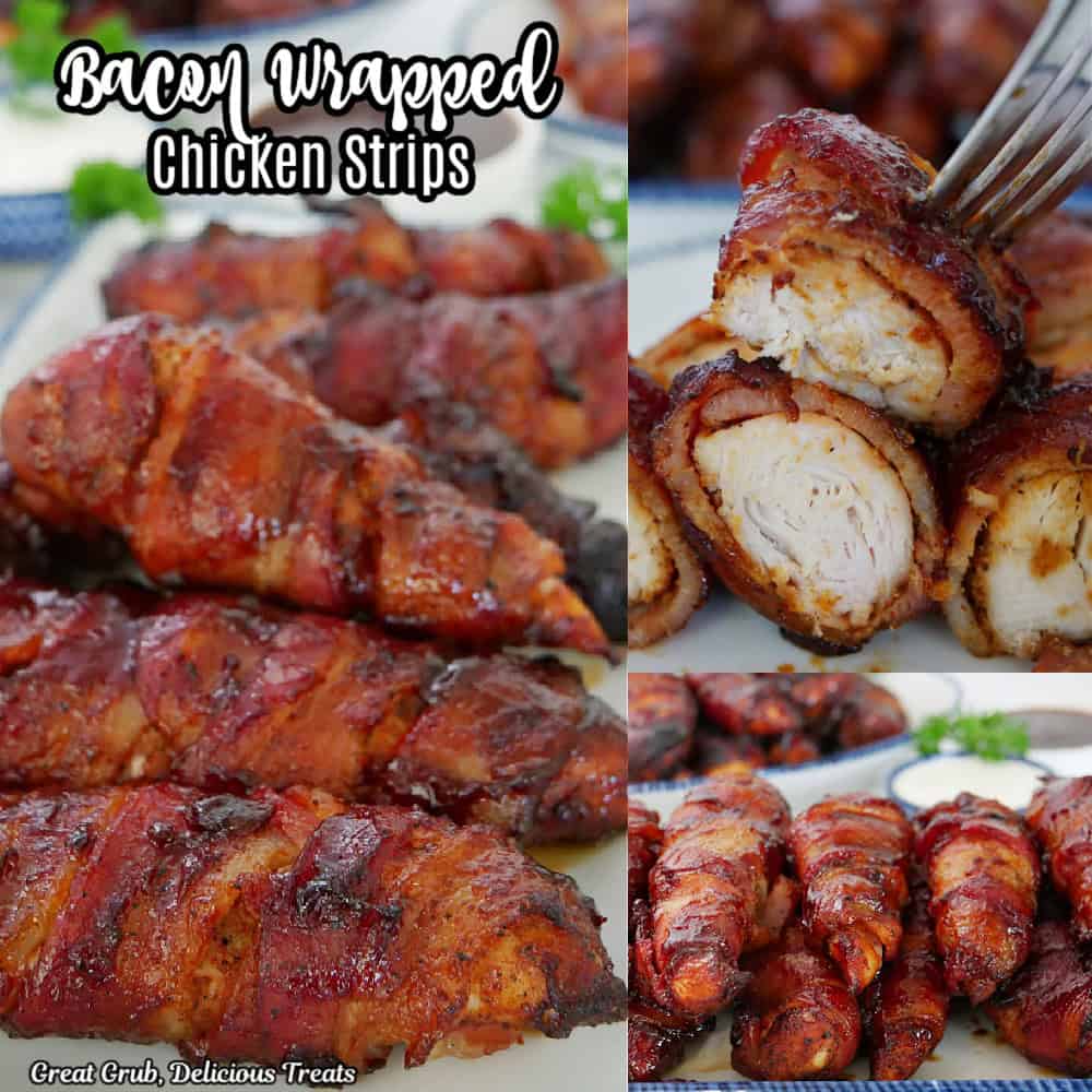 A three photo collage of smoked bacon wrapped chicken tenderloins with the title of the recipe at the top.