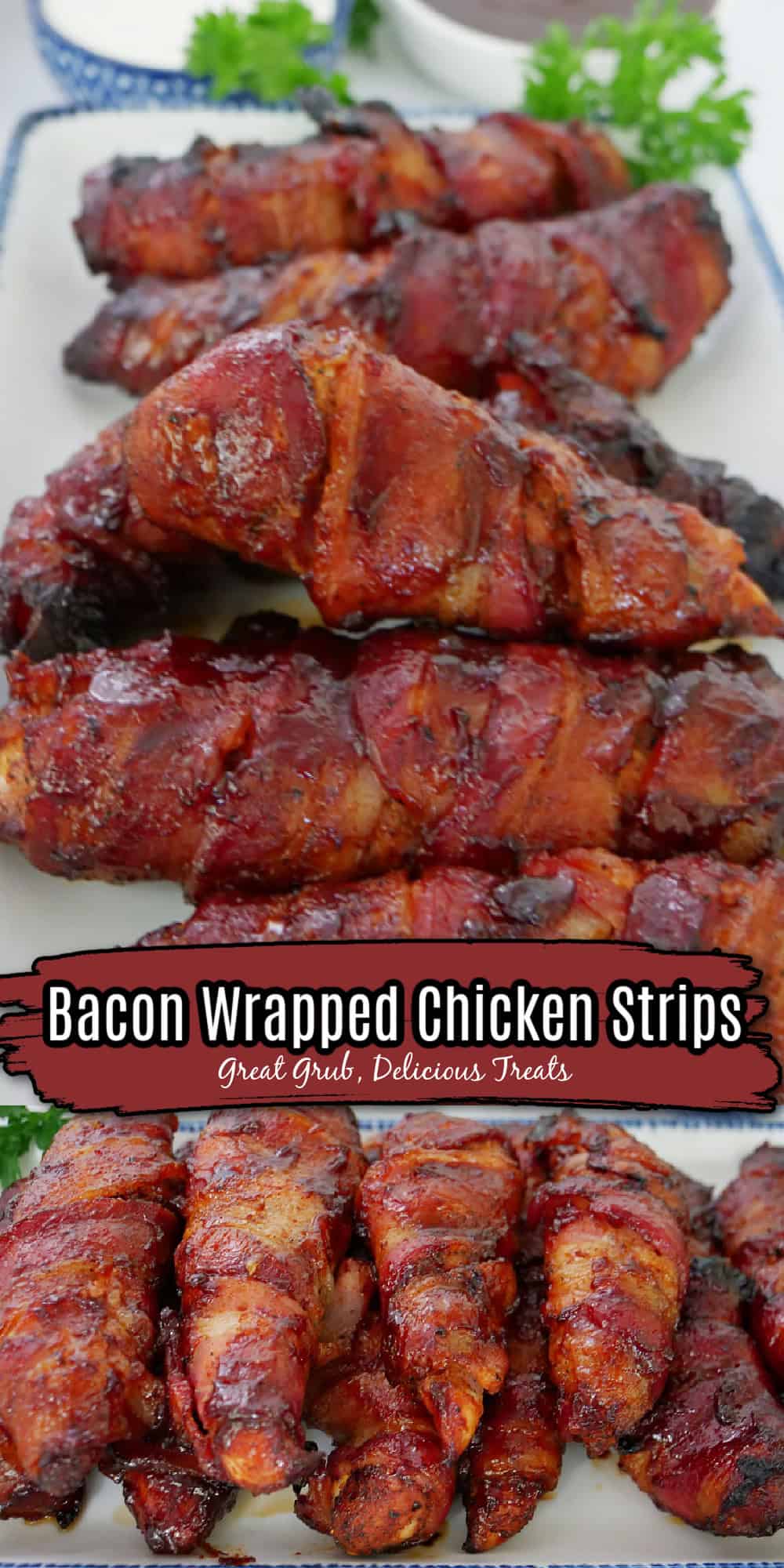 A double collage photo of smoked bacon wrapped chicken strips with the title of the recipe in text in between the two photos.