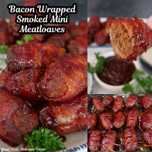 A three collage photo of smoked bacon wrapped mini meatloaves.