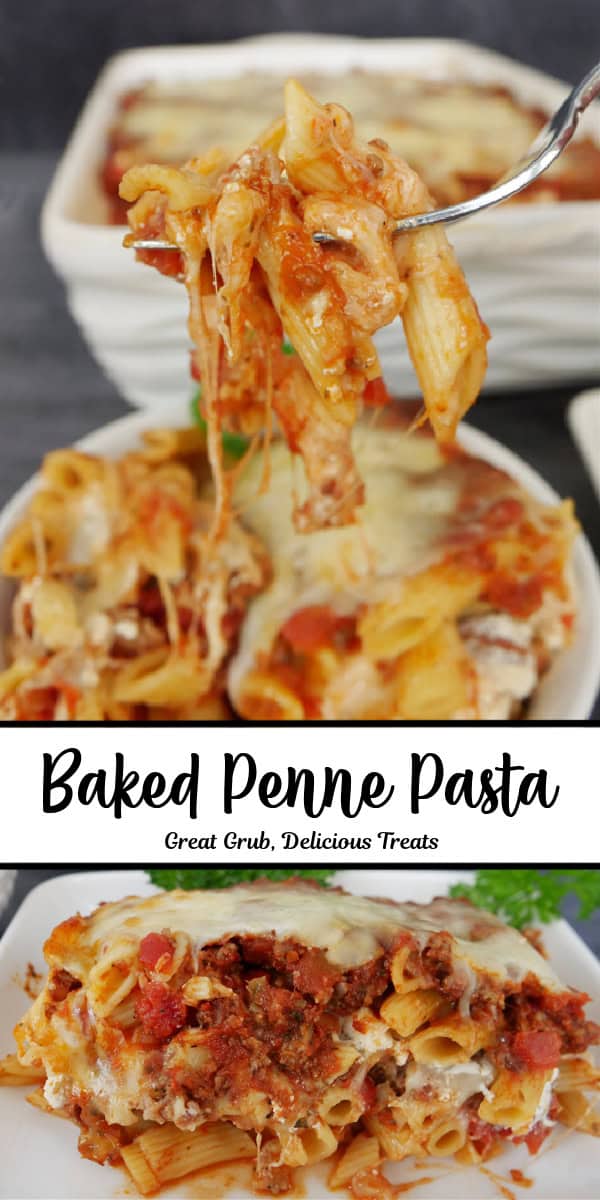 A double collage photo of penne pasta with the title of the recipe in text in the center of the two photos.