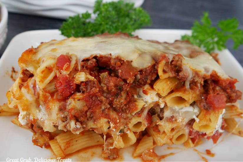 A white plate with a serving of penne pasta on it.