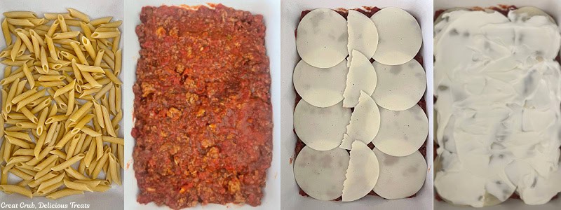 Four ingredient shots of the layering process of making baked penne pasta.