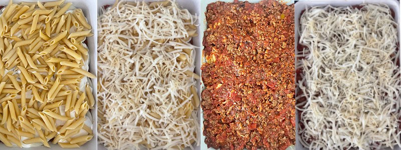 Four more ingredient shots of the layering process of making baked penne pasta.