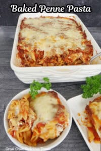 Two white plate with a serving of penne pasta on them with a white baking dish with penne pasta in it.