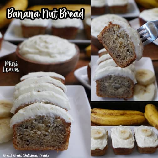 A three collage photo of mini loaves of banana nut bread with cream cheese frosting.