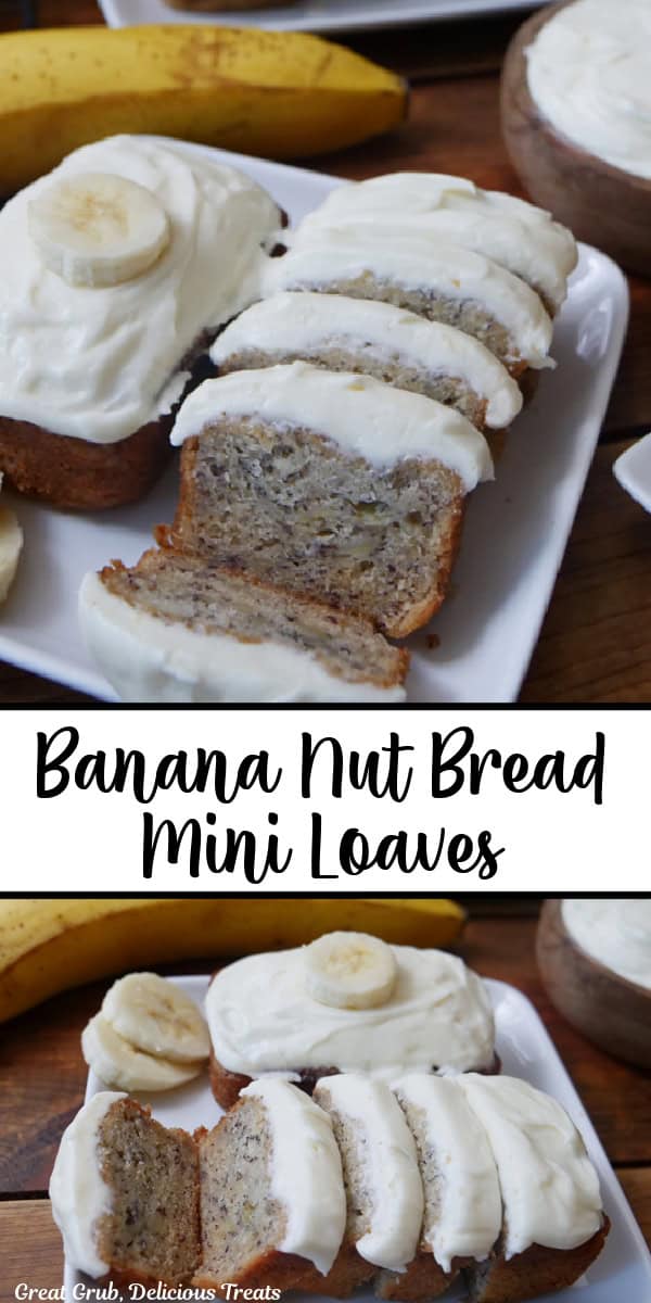 A double collage photo of mini loaves of banana nut bread with cream cheese frosting on top.
